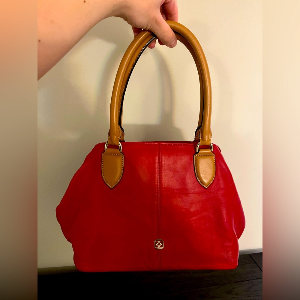 Red and Tan Structured Satchel with Leather Handles